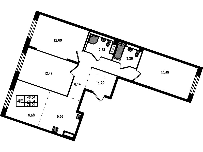 3-комнатная квартира 76.04 м², 9/9 эт., ЖК «Квартал Лаголово»